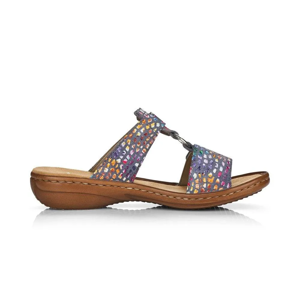 Rieker Multi Blue Leather Slip On Mule With Velcro Straps